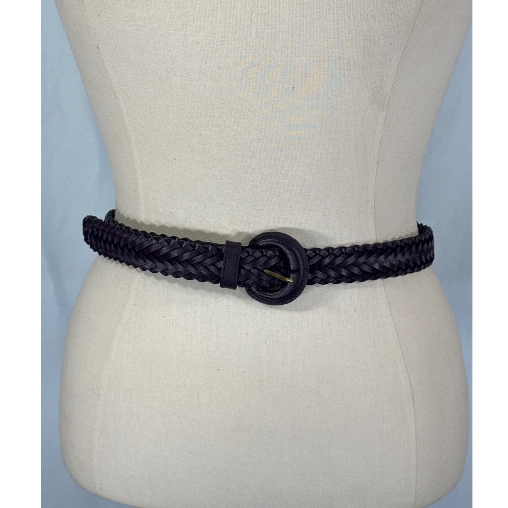 Vintage S/M Dark Purple Braided Genuine Leather Belt Small Woven Round Buckle